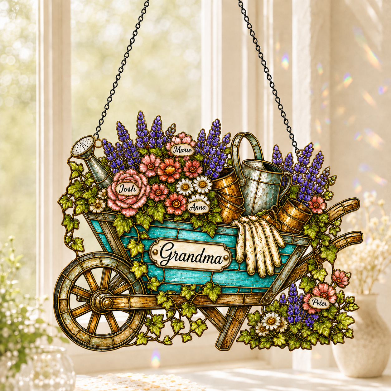Personalized Grandma Garden Wheelbarrow Holographic Acrylic Suncatcher
