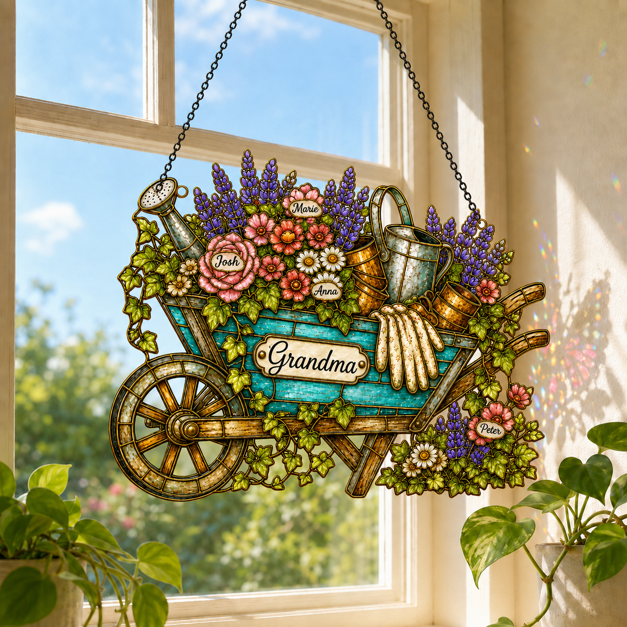 Personalized Grandma Garden Wheelbarrow Holographic Acrylic Suncatcher