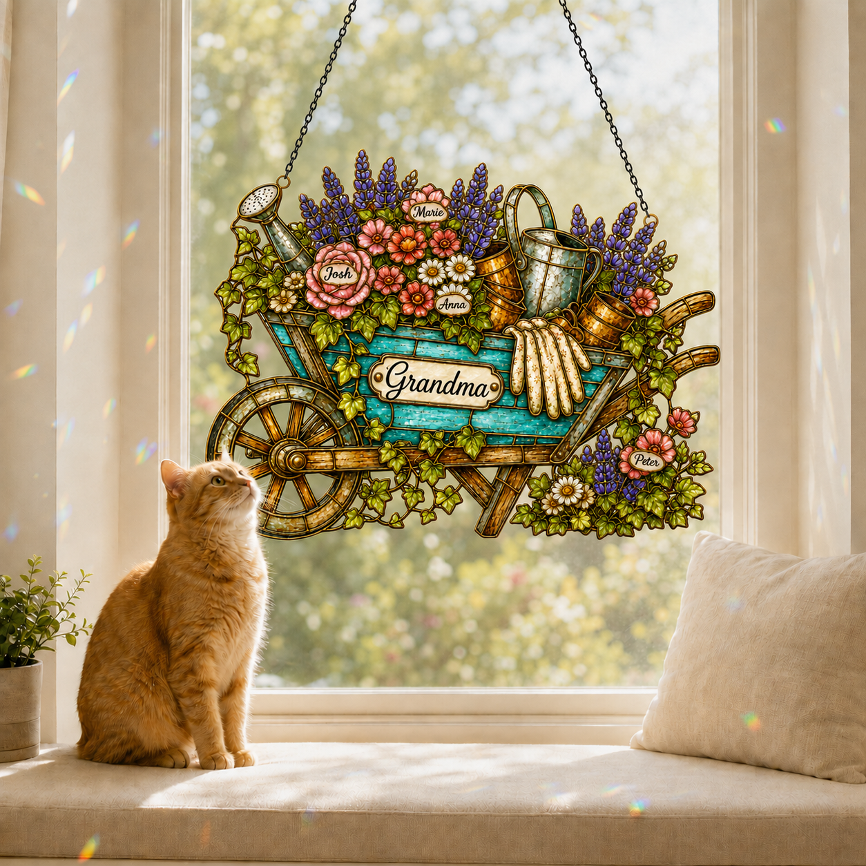 Personalized Grandma Garden Wheelbarrow Holographic Acrylic Suncatcher