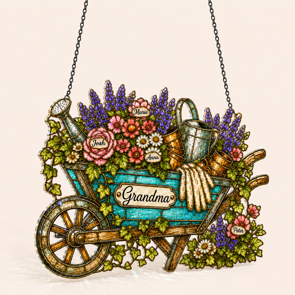 Personalized Grandma Garden Wheelbarrow Holographic Acrylic Suncatcher