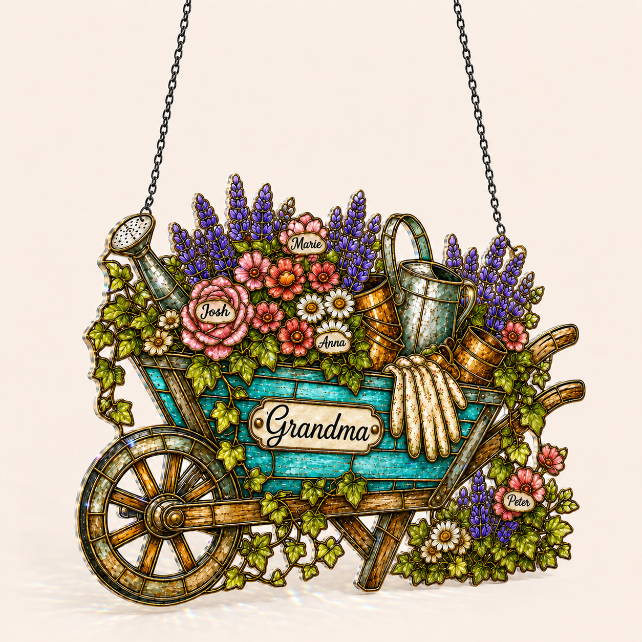 Personalized Grandma Garden Wheelbarrow Holographic Acrylic Suncatcher