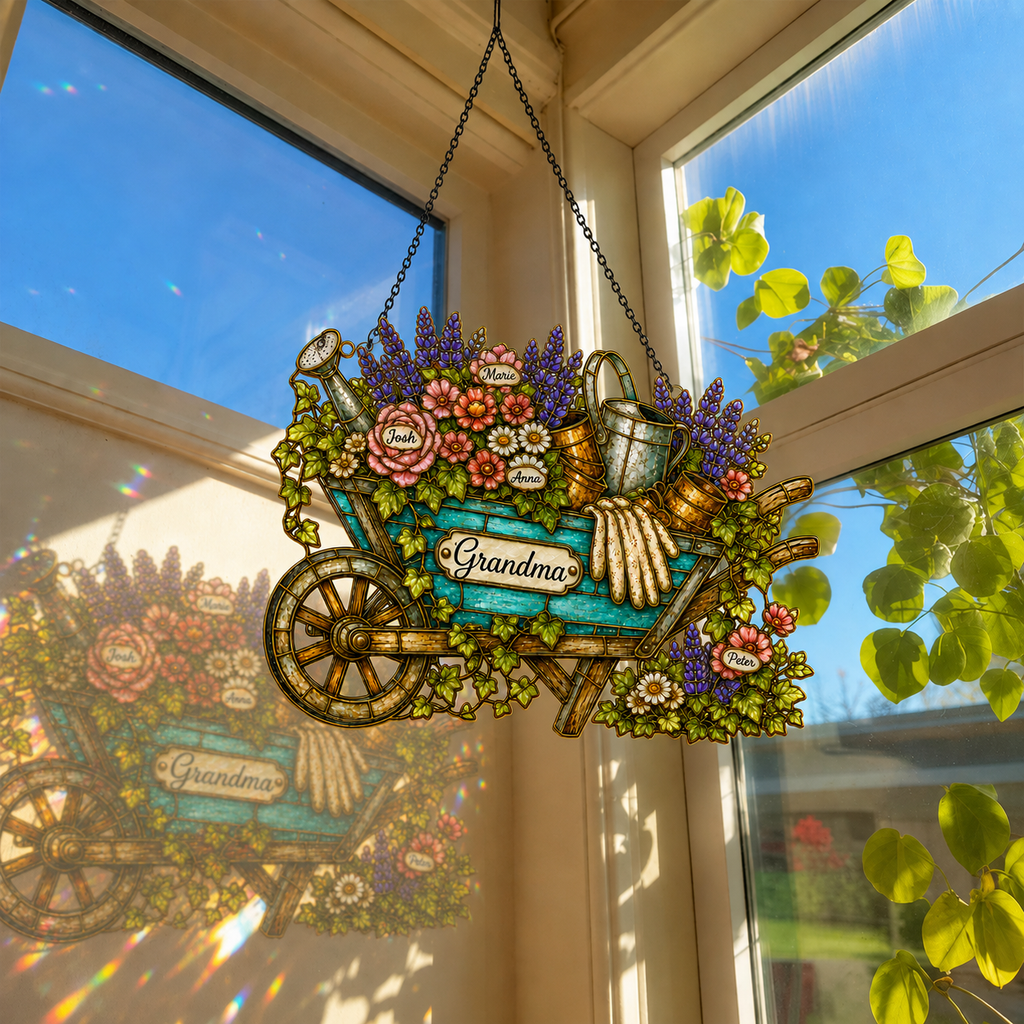 Personalized Grandma Garden Wheelbarrow Holographic Acrylic Suncatcher
