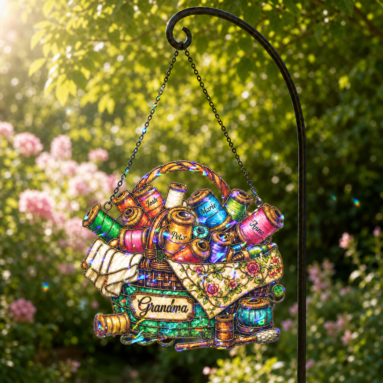 Personalized Grandma Sewing Basket Holographic Acrylic Suncatcher