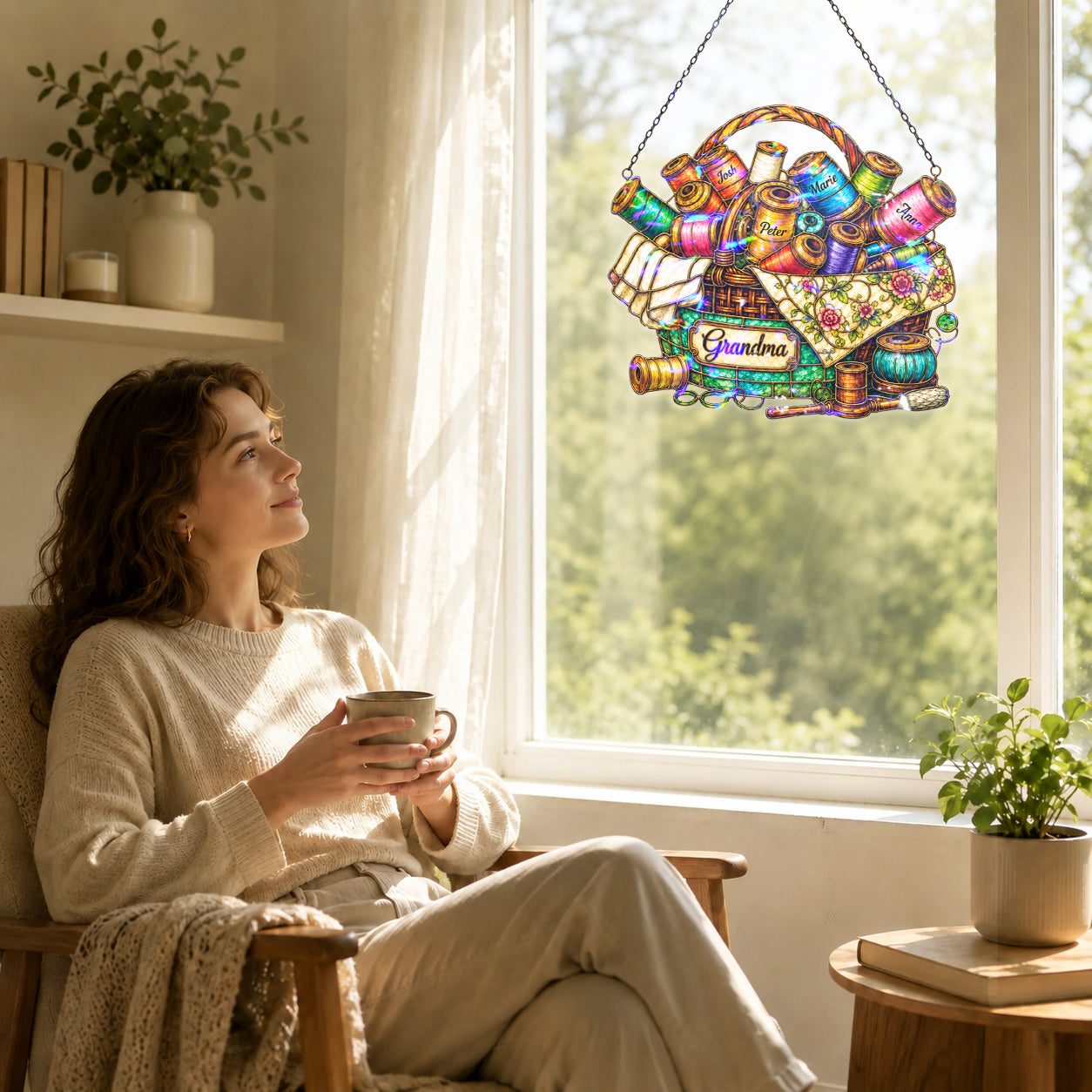 Personalized Grandma Sewing Basket Holographic Acrylic Suncatcher