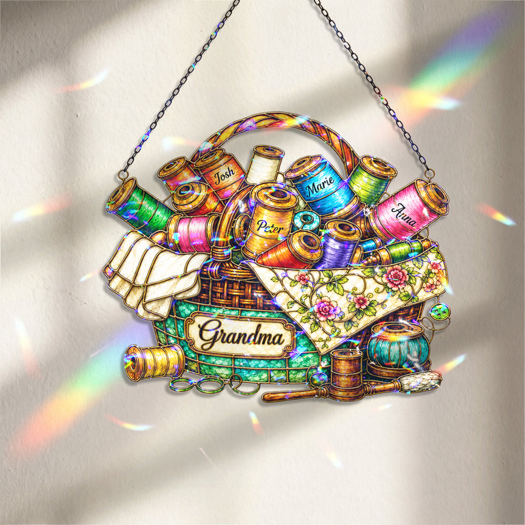 Personalized Grandma Sewing Basket Holographic Acrylic Suncatcher