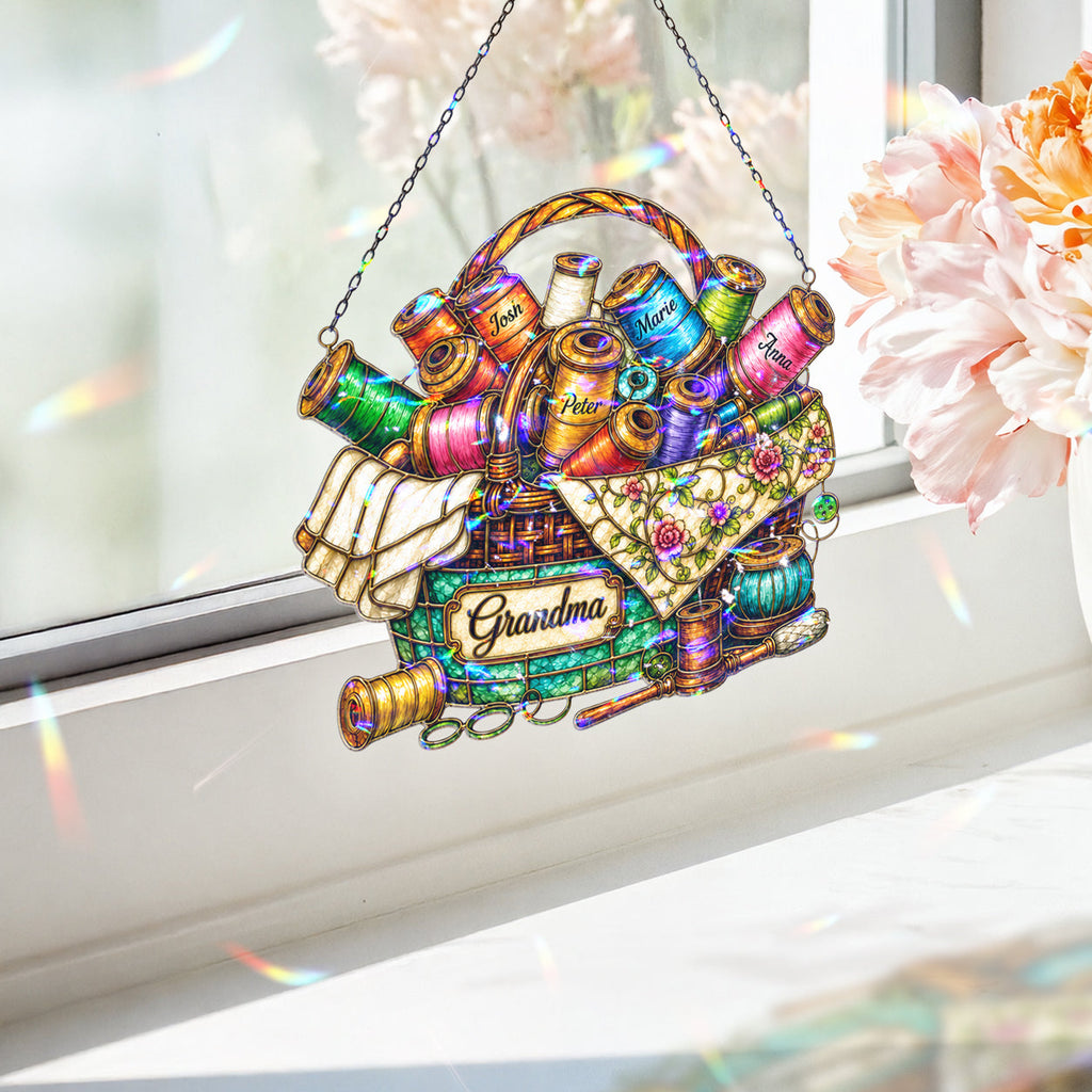 Personalized Grandma Sewing Basket Holographic Acrylic Suncatcher