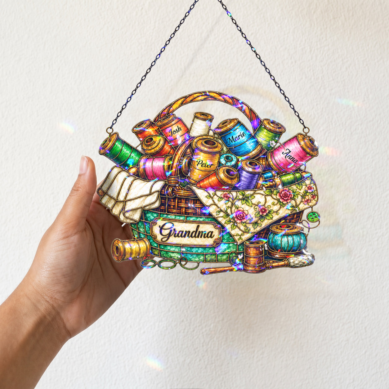 Personalized Grandma Sewing Basket Holographic Acrylic Suncatcher