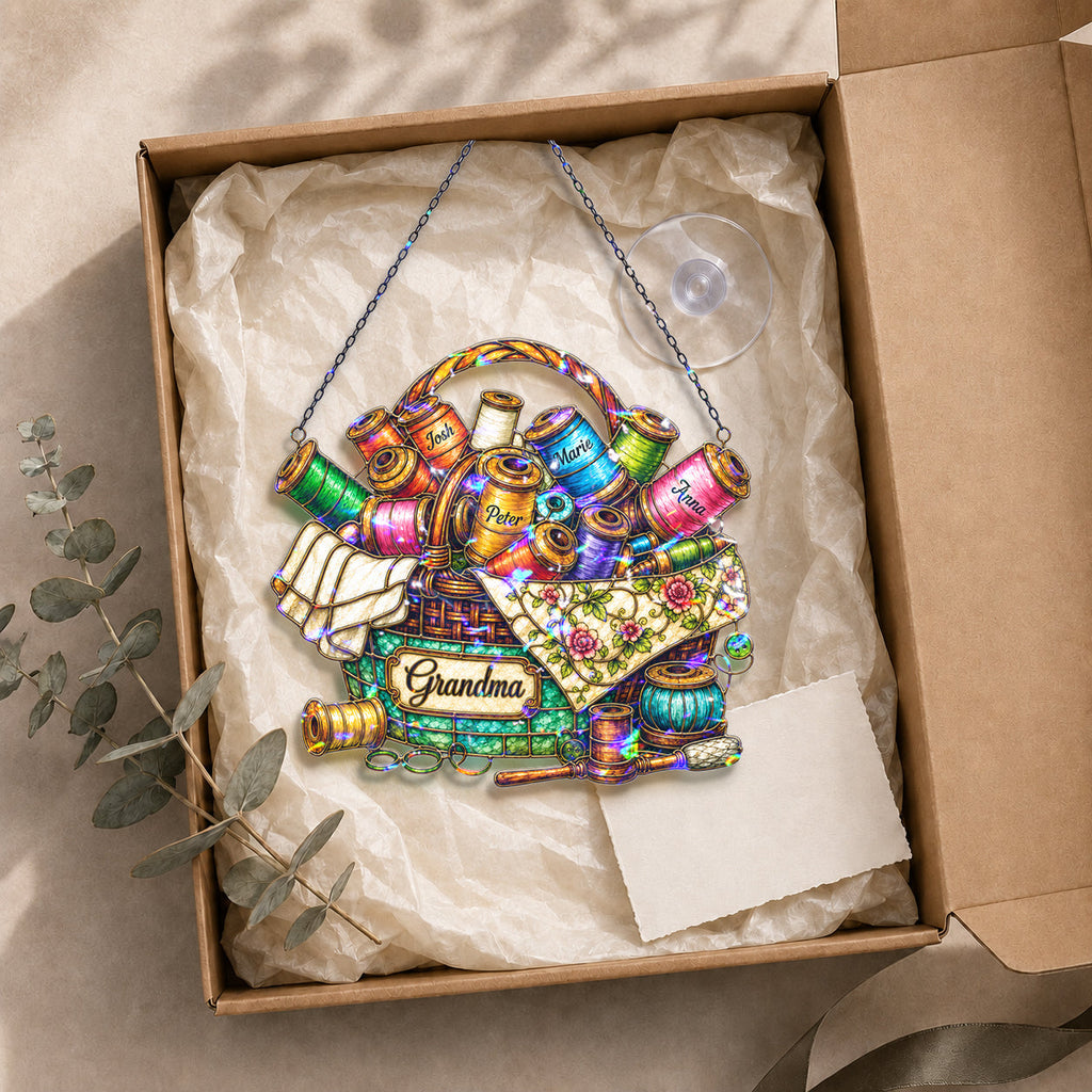 Personalized Grandma Sewing Basket Holographic Acrylic Suncatcher