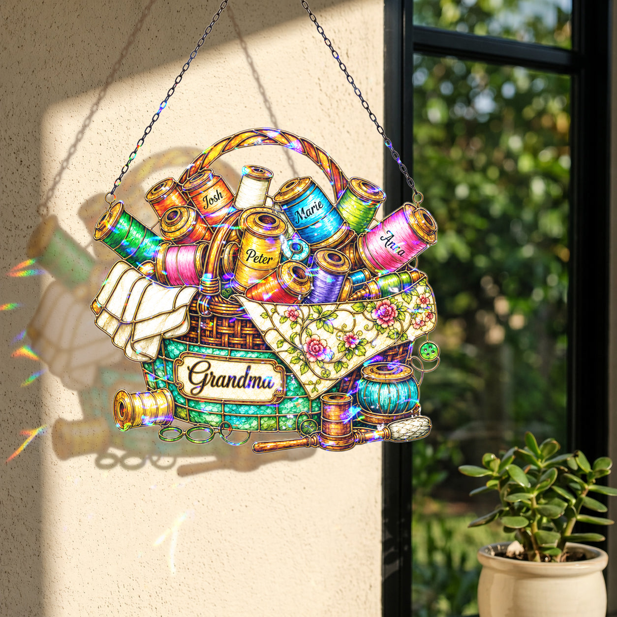 Personalized Grandma Sewing Basket Holographic Acrylic Suncatcher