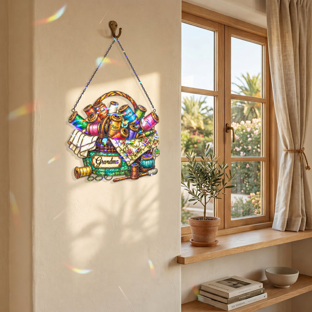 Personalized Grandma Sewing Basket Holographic Acrylic Suncatcher