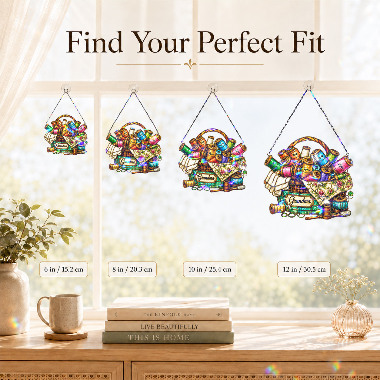 Personalized Grandma Sewing Basket Holographic Acrylic Suncatcher
