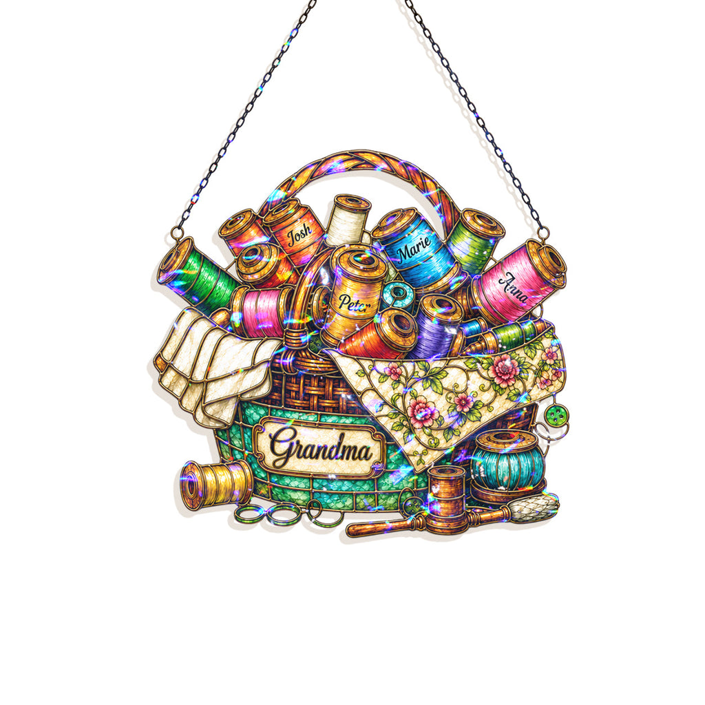 Personalized Grandma Sewing Basket Holographic Acrylic Suncatcher