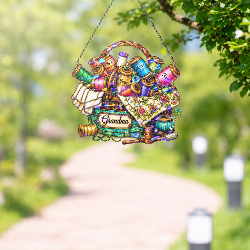 Personalized Grandma Sewing Basket Holographic Acrylic Suncatcher