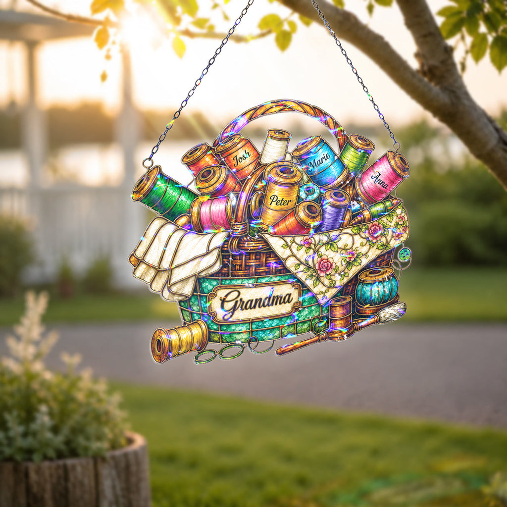 Personalized Grandma Sewing Basket Holographic Acrylic Suncatcher
