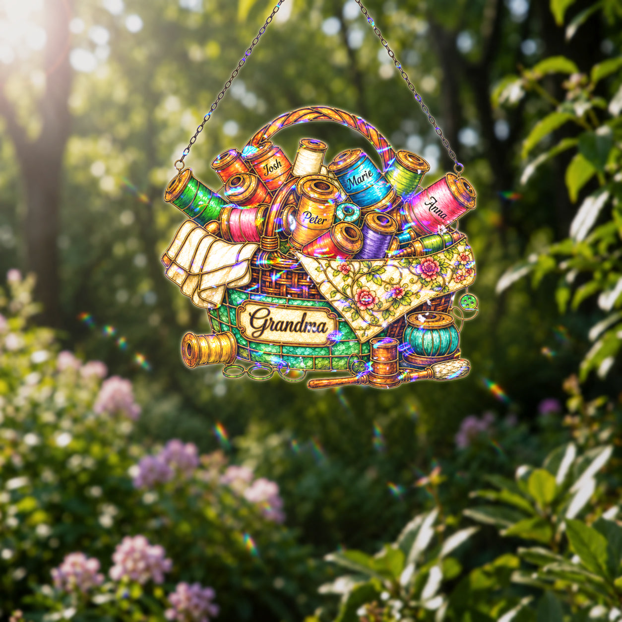 Personalized Grandma Sewing Basket Holographic Acrylic Suncatcher