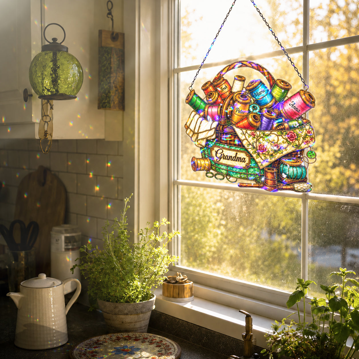 Personalized Grandma Sewing Basket Holographic Acrylic Suncatcher