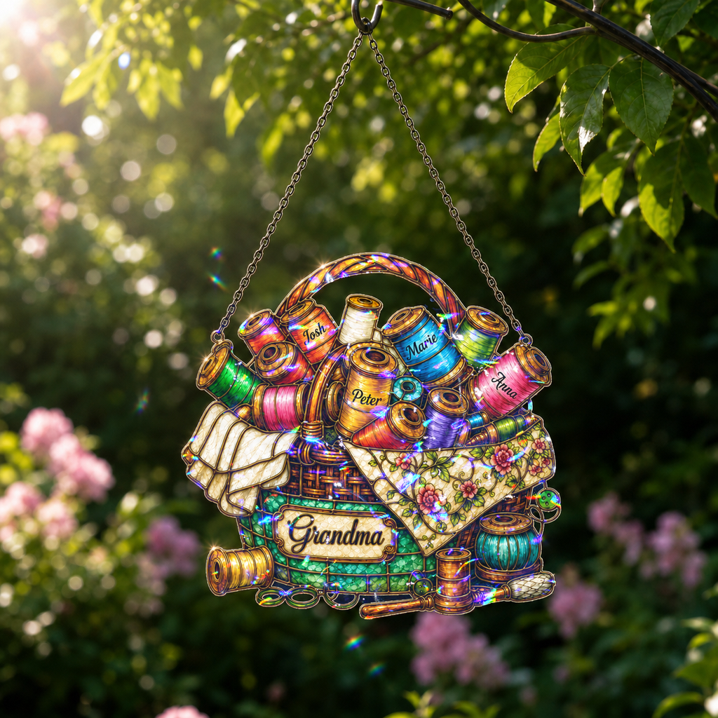 Personalized Grandma Sewing Basket Holographic Acrylic Suncatcher