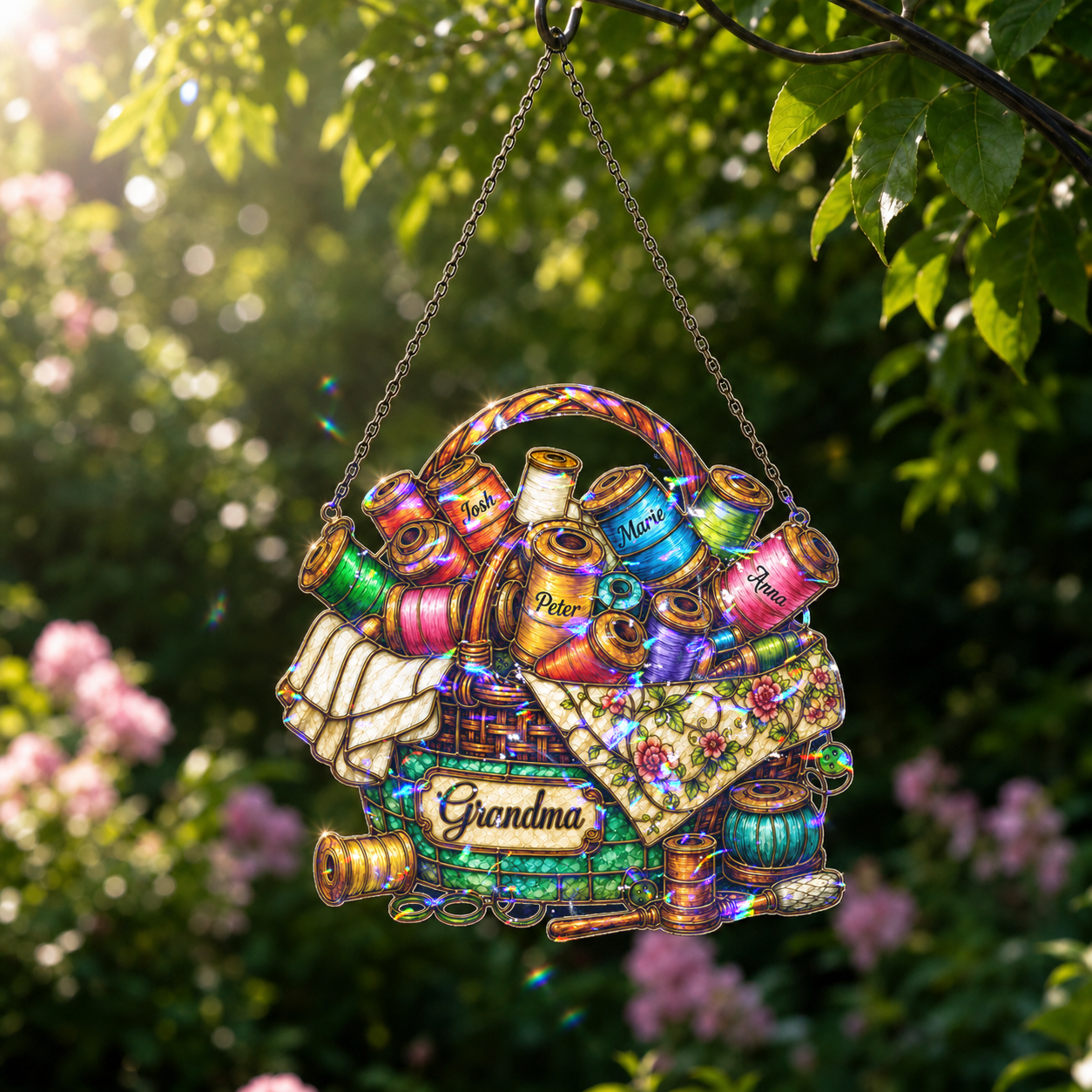 Personalized Grandma Sewing Basket Holographic Acrylic Suncatcher