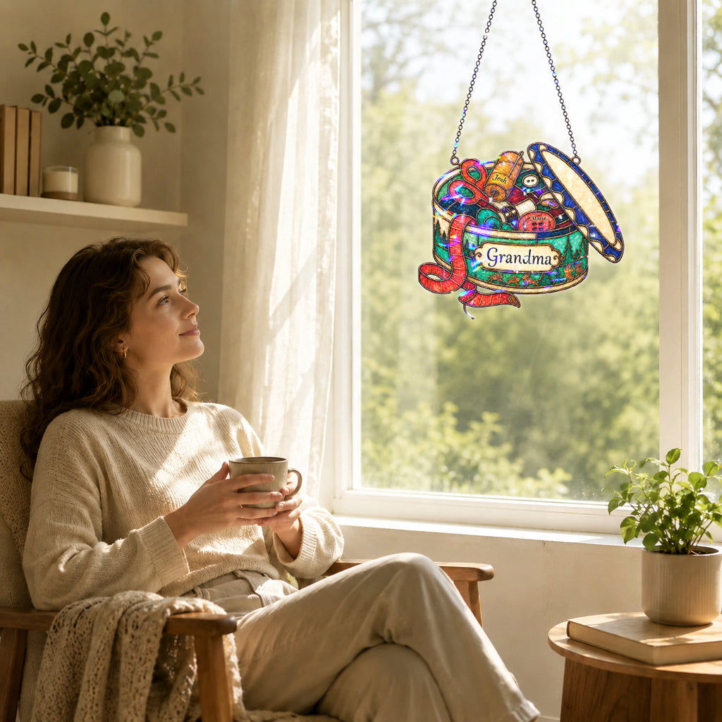 Personalized Grandma Sewing Box Holographic Acrylic Suncatcher