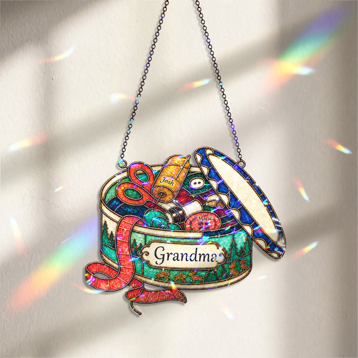 Personalized Grandma Sewing Box Holographic Acrylic Suncatcher
