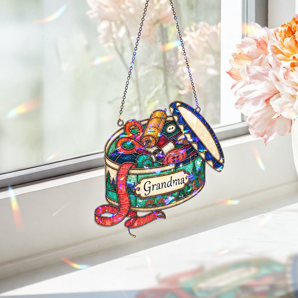 Personalized Grandma Sewing Box Holographic Acrylic Suncatcher