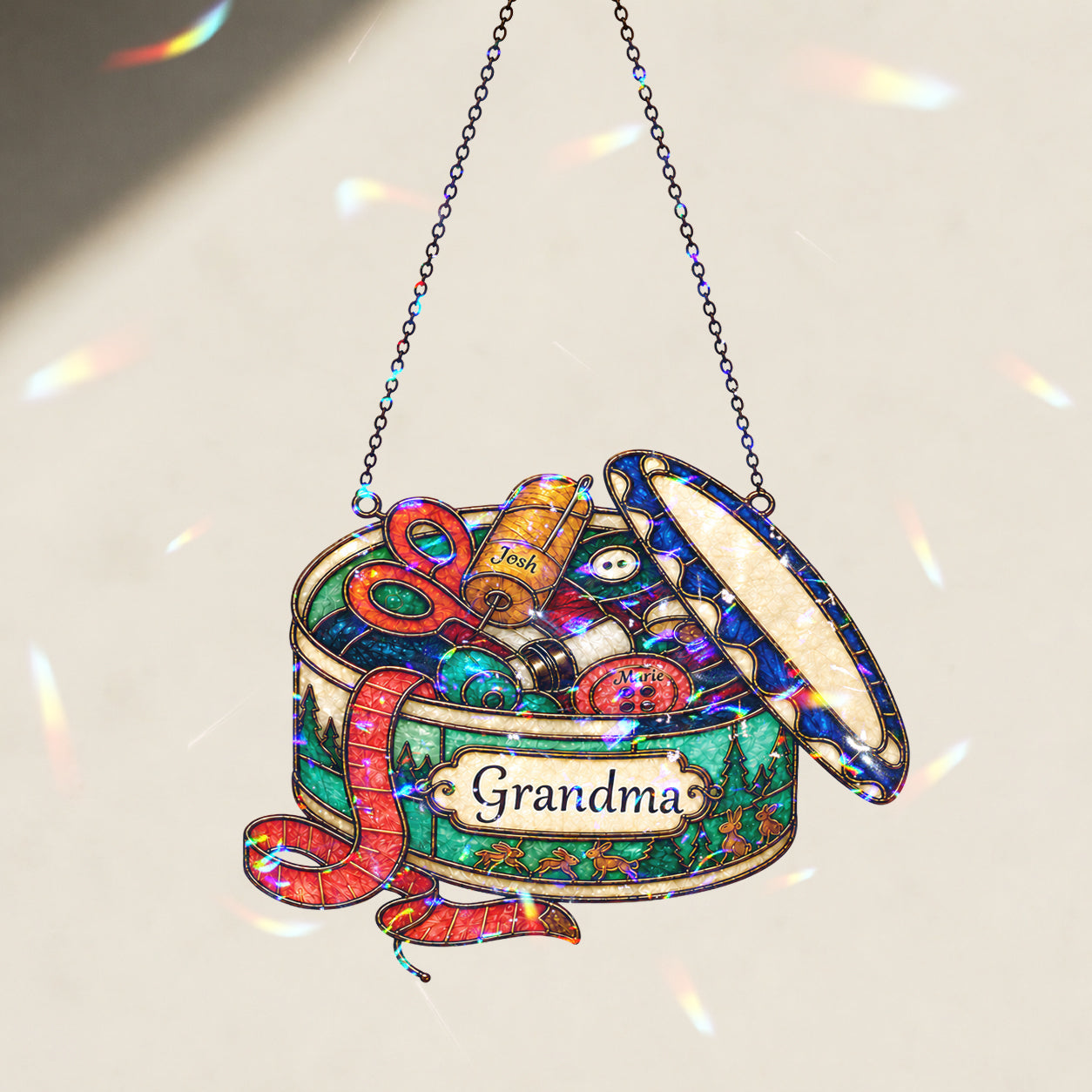 Personalized Grandma Sewing Box Holographic Acrylic Suncatcher