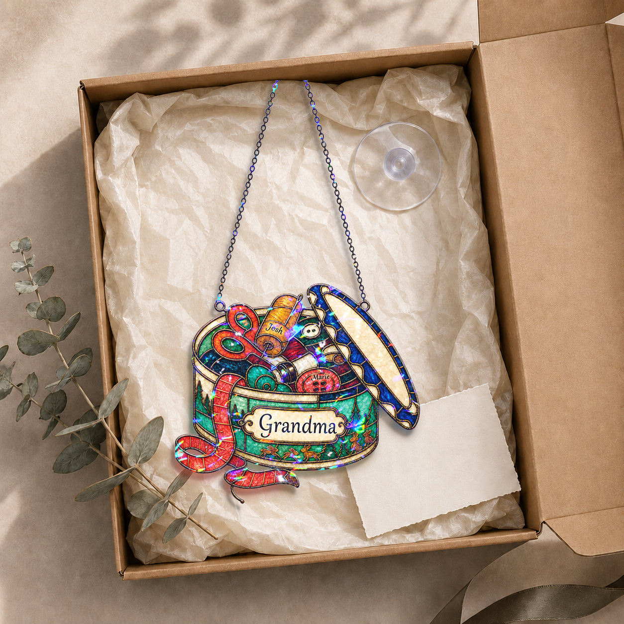 Personalized Grandma Sewing Box Holographic Acrylic Suncatcher
