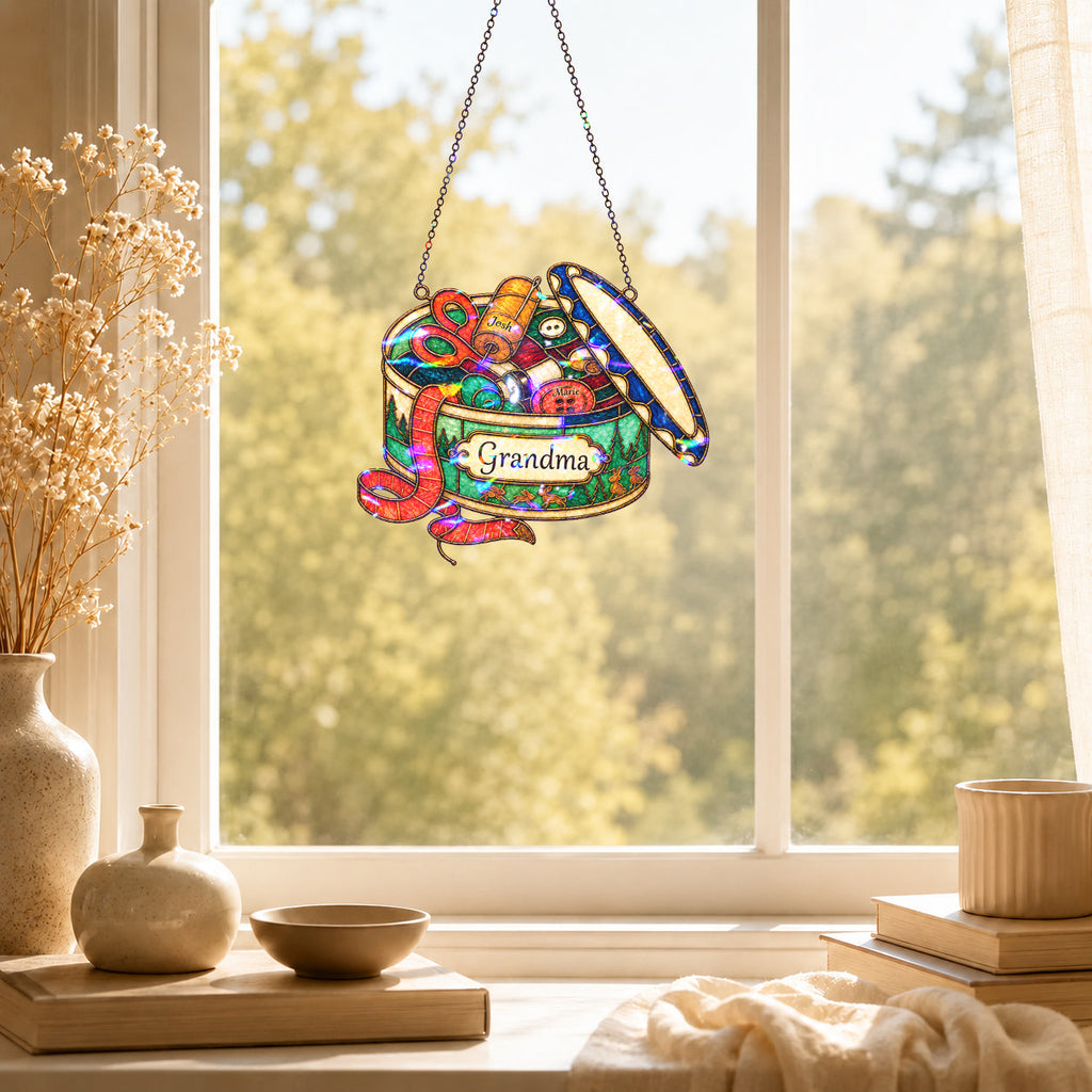 Personalized Grandma Sewing Box Holographic Acrylic Suncatcher