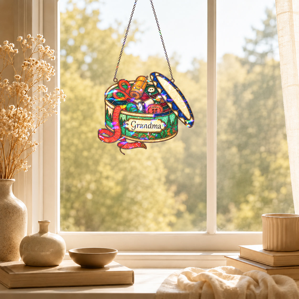 Personalized Grandma Sewing Box Holographic Acrylic Suncatcher