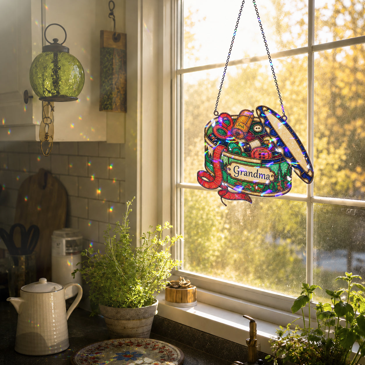 Personalized Grandma Sewing Box Holographic Acrylic Suncatcher