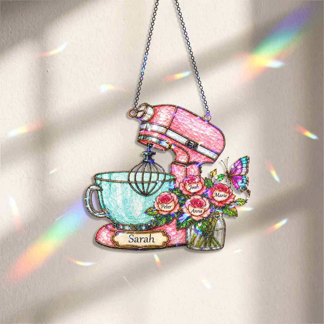Personalized Stand Mixer & Roses Holographic Acrylic Suncatcher