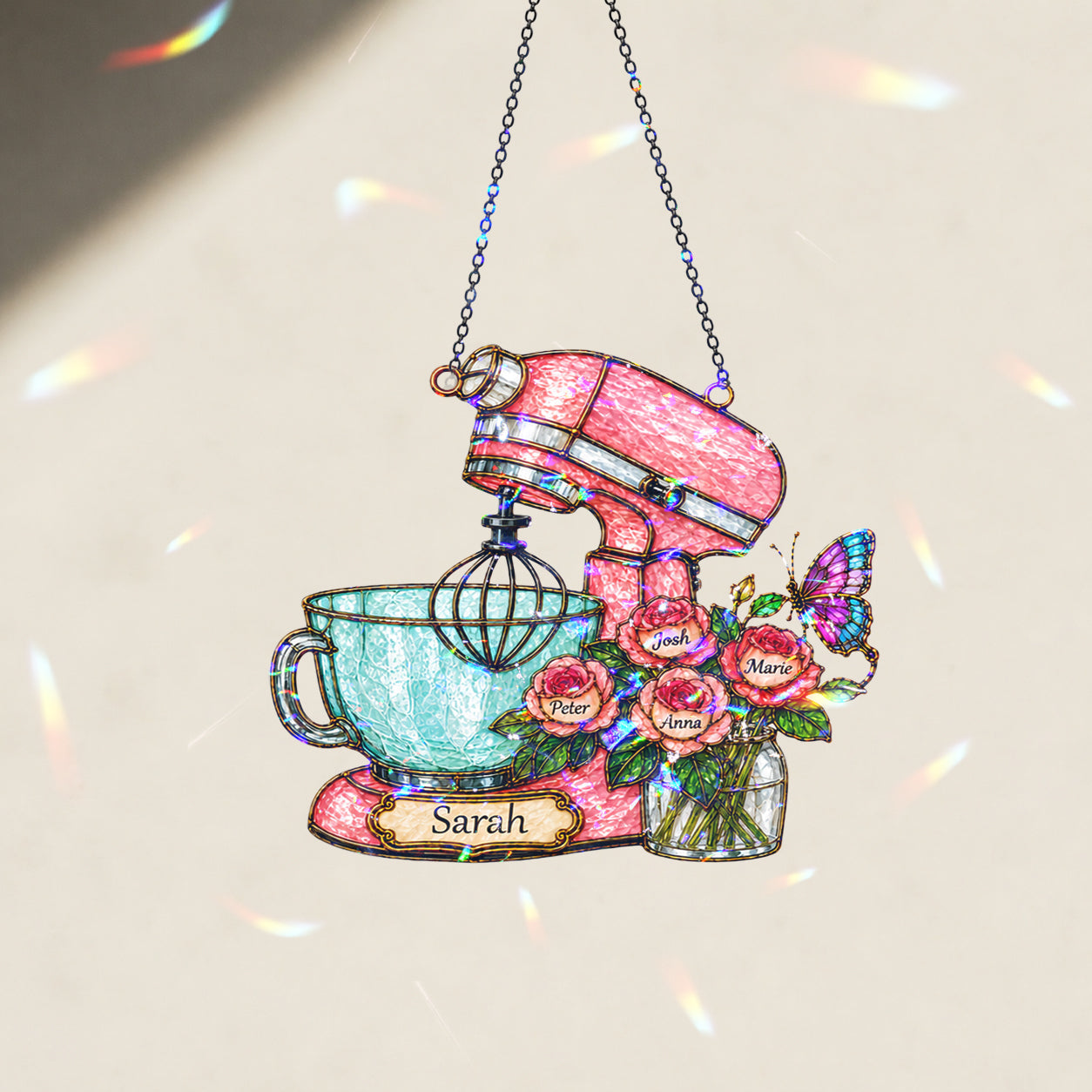 Personalized Stand Mixer & Roses Holographic Acrylic Suncatcher
