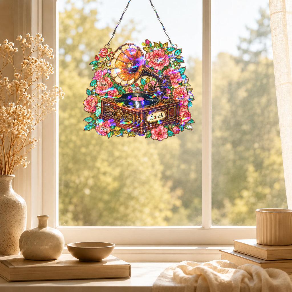 Personalized Vintage Gramophone Holographic Acrylic Suncatcher