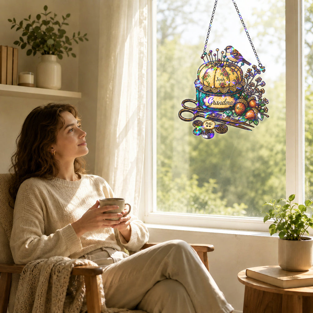 Personalized Grandma Pincushion & Sparrow Holographic Acrylic Suncatcher