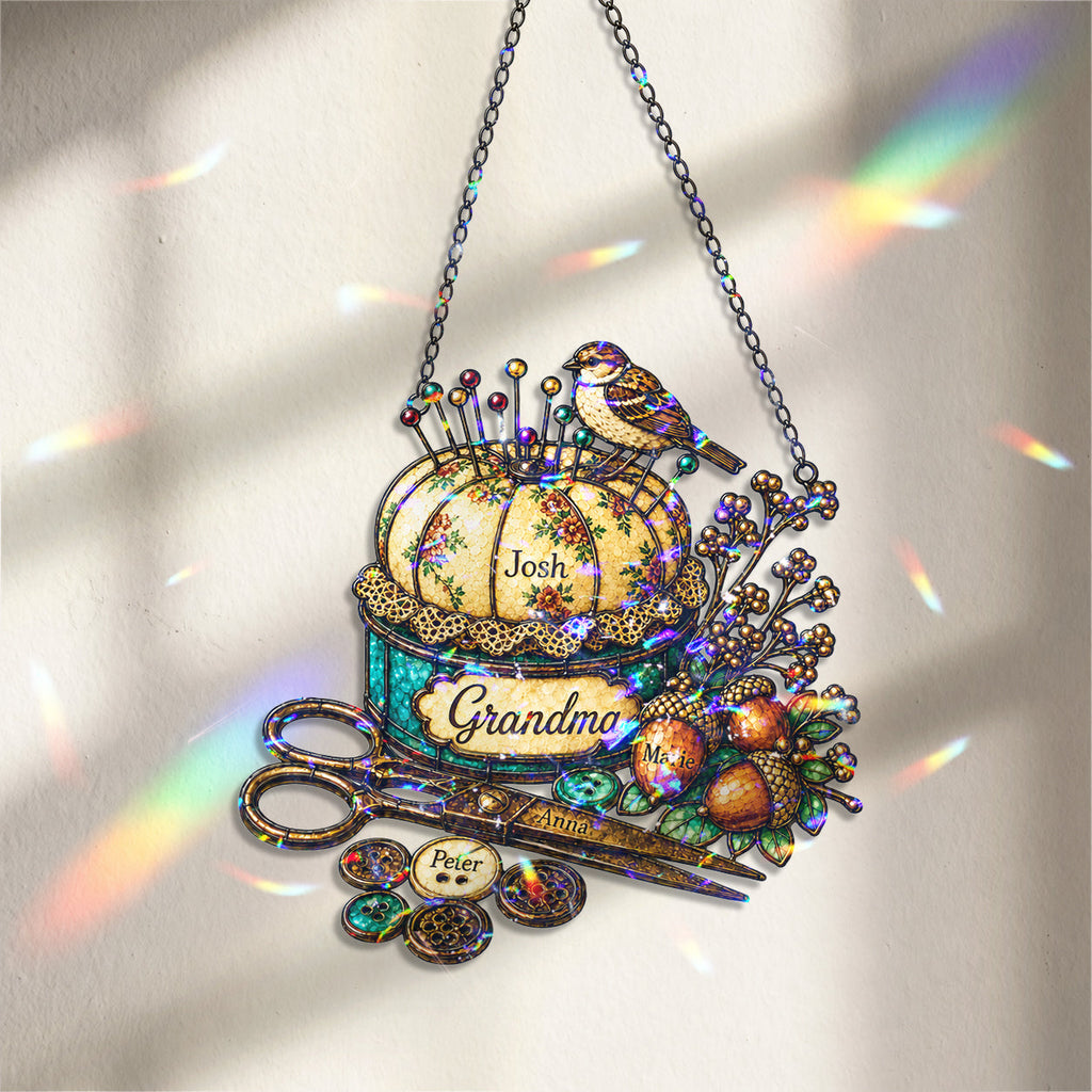 Personalized Grandma Pincushion & Sparrow Holographic Acrylic Suncatcher