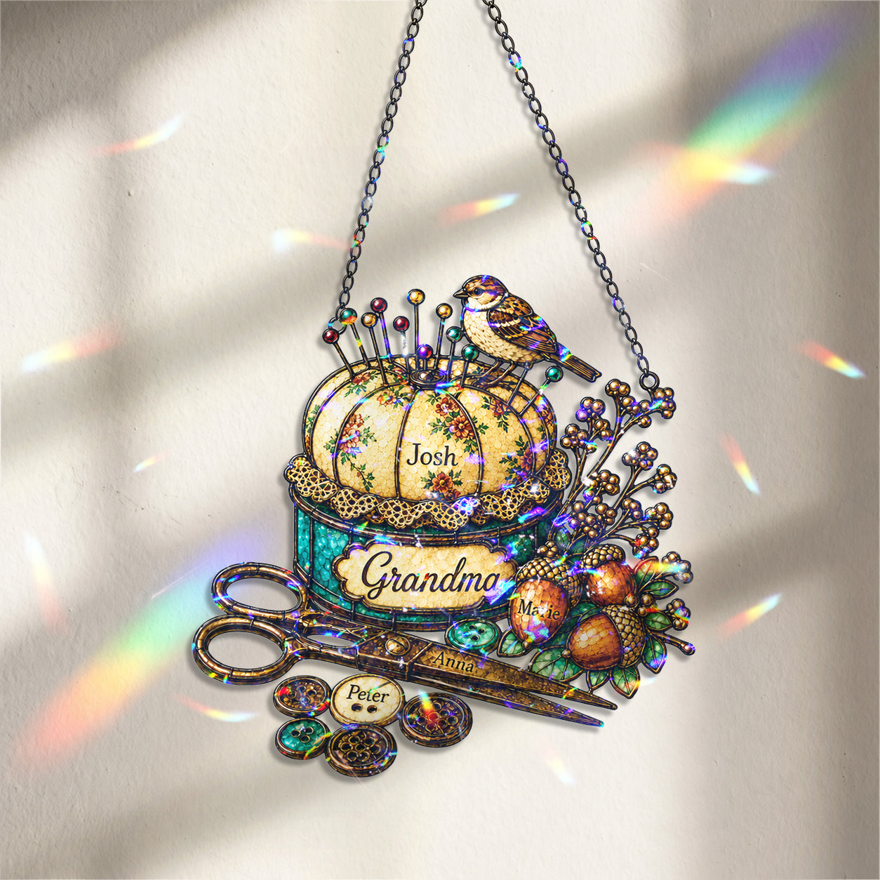 Personalized Grandma Pincushion & Sparrow Holographic Acrylic Suncatcher
