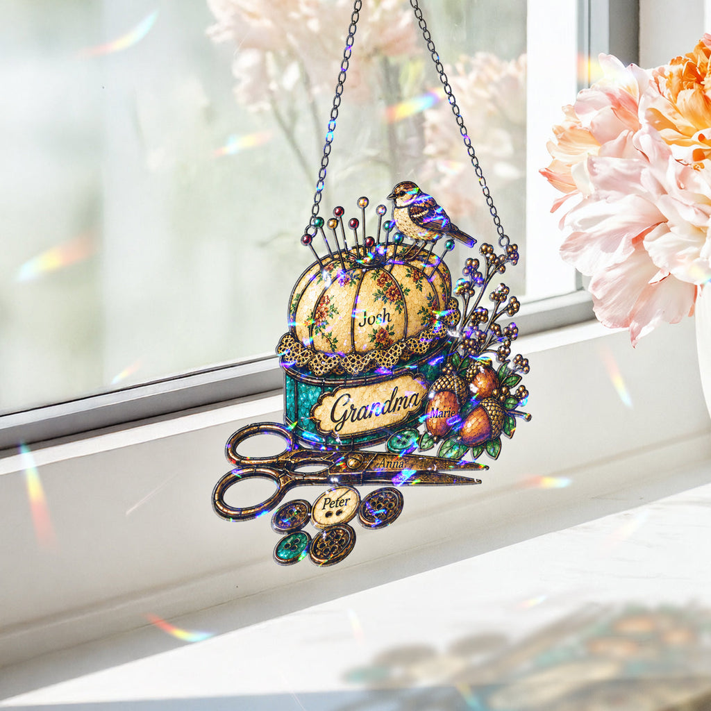 Personalized Grandma Pincushion & Sparrow Holographic Acrylic Suncatcher
