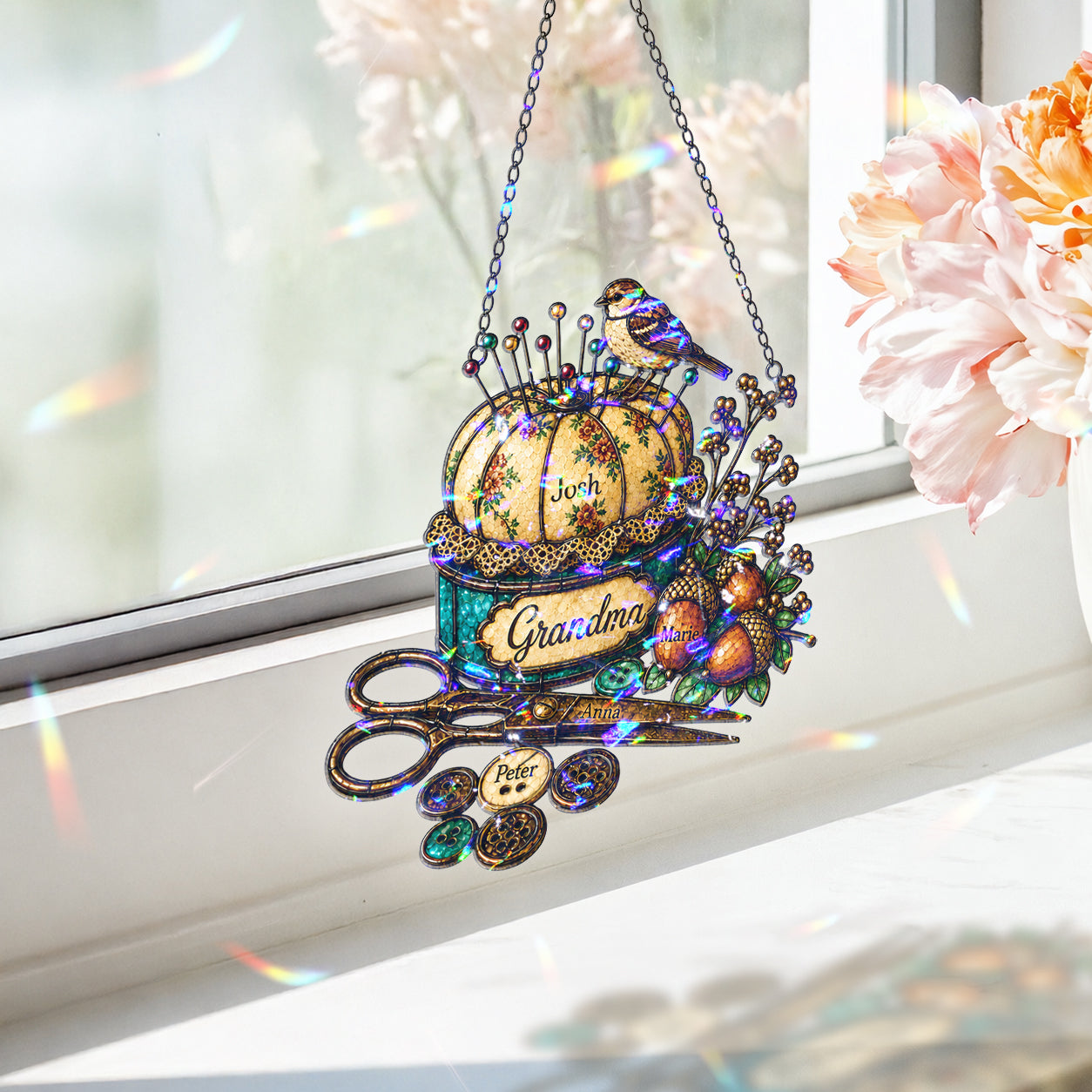 Personalized Grandma Pincushion & Sparrow Holographic Acrylic Suncatcher