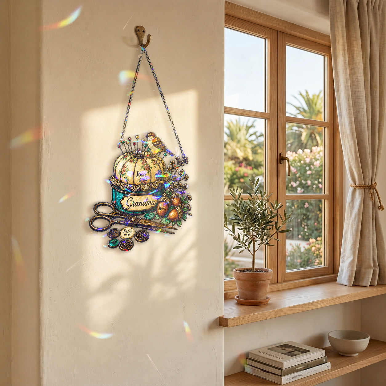 Personalized Grandma Pincushion & Sparrow Holographic Acrylic Suncatcher