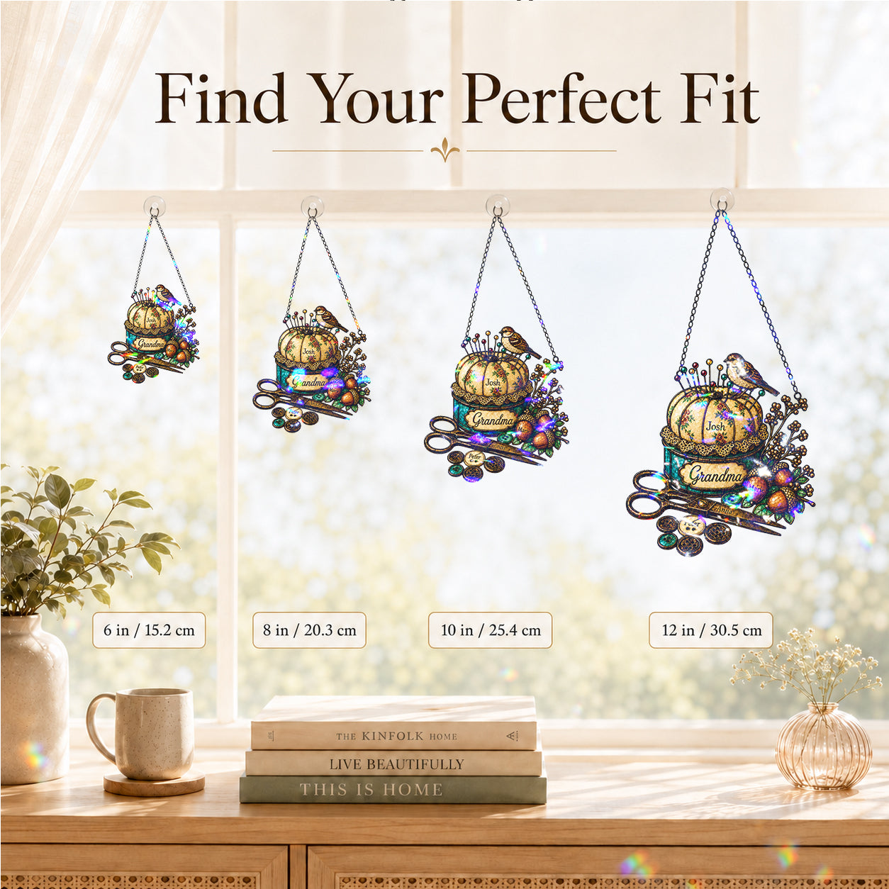 Personalized Grandma Pincushion & Sparrow Holographic Acrylic Suncatcher