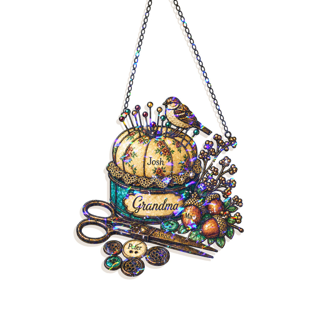 Personalized Grandma Pincushion & Sparrow Holographic Acrylic Suncatcher