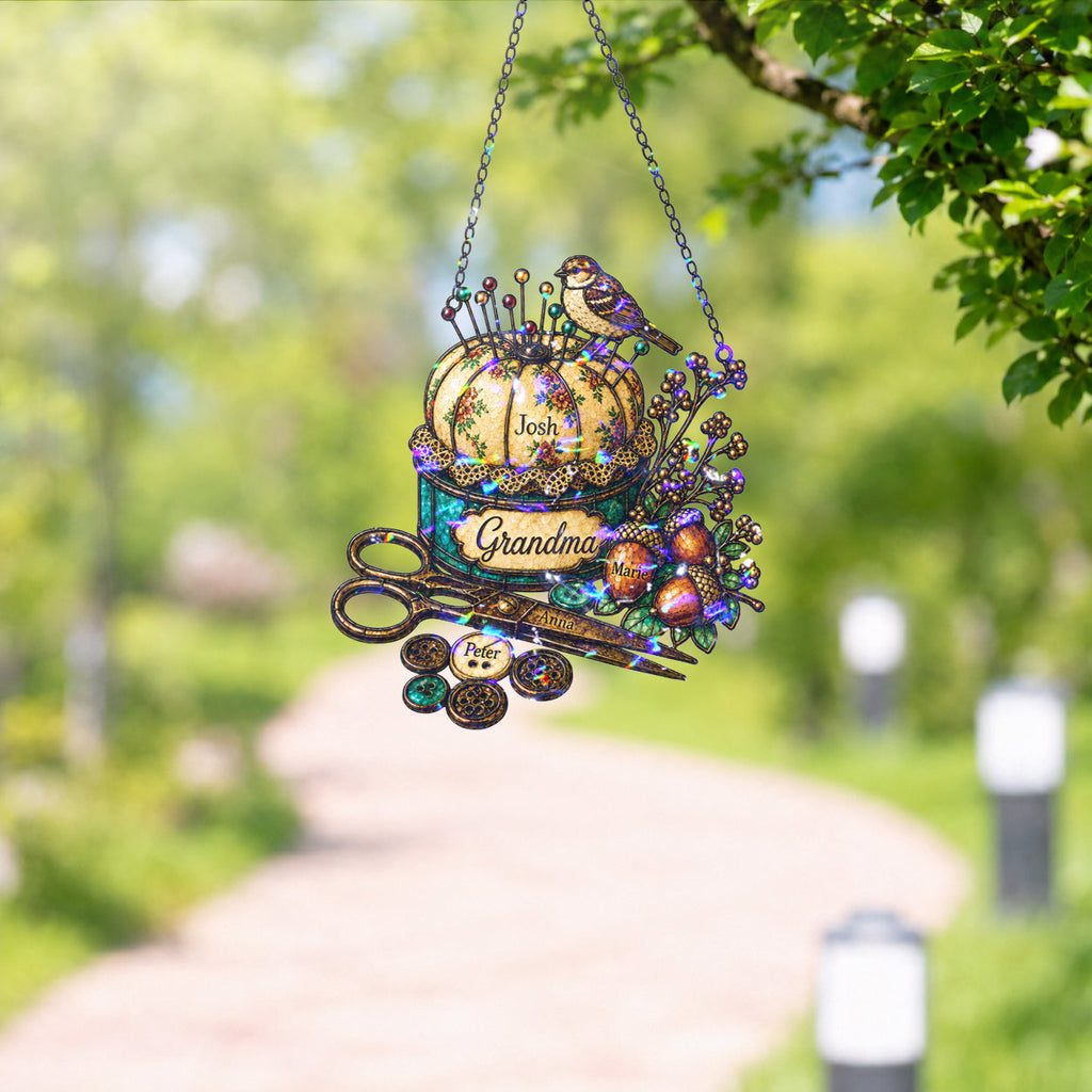 Personalized Grandma Pincushion & Sparrow Holographic Acrylic Suncatcher