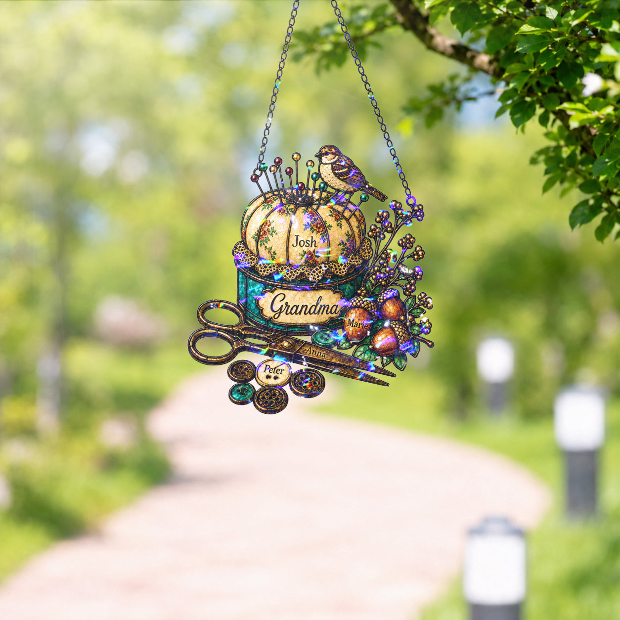 Personalized Grandma Pincushion & Sparrow Holographic Acrylic Suncatcher