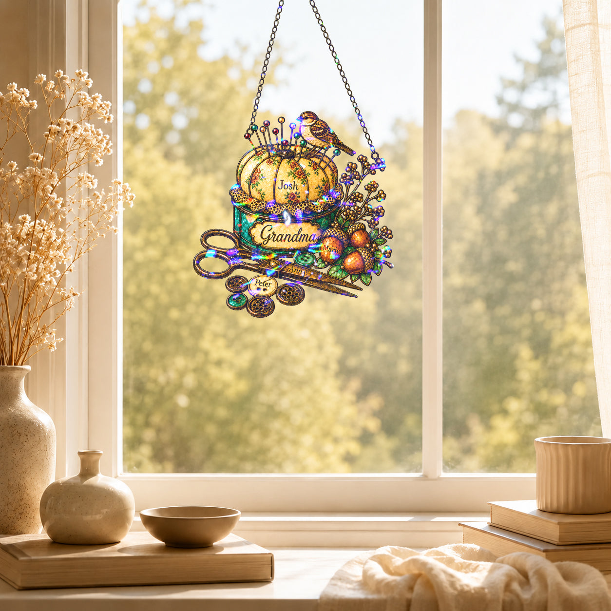 Personalized Grandma Pincushion & Sparrow Holographic Acrylic Suncatcher