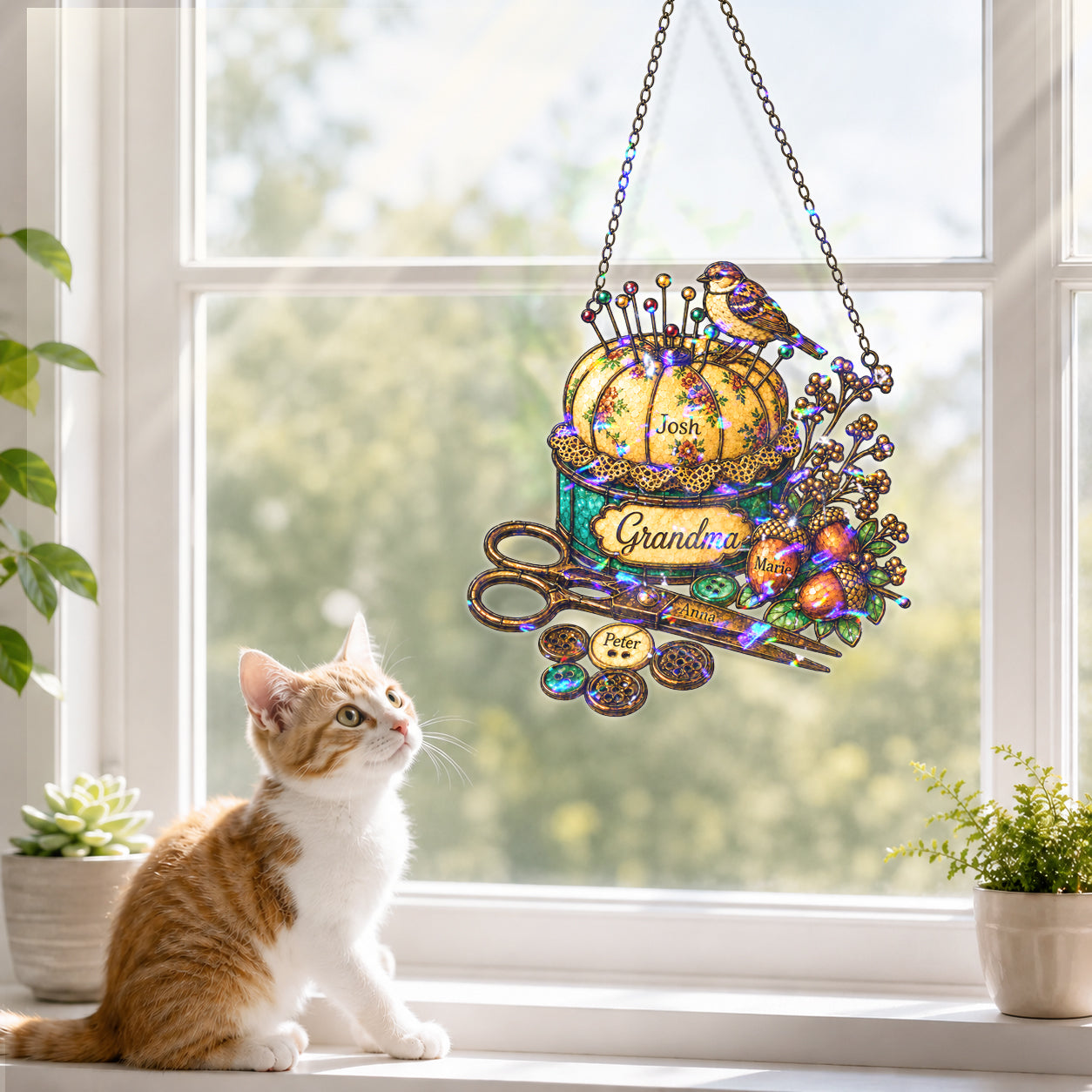 Personalized Grandma Pincushion & Sparrow Holographic Acrylic Suncatcher