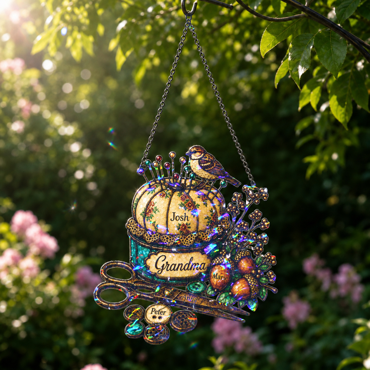 Personalized Grandma Pincushion & Sparrow Holographic Acrylic Suncatcher