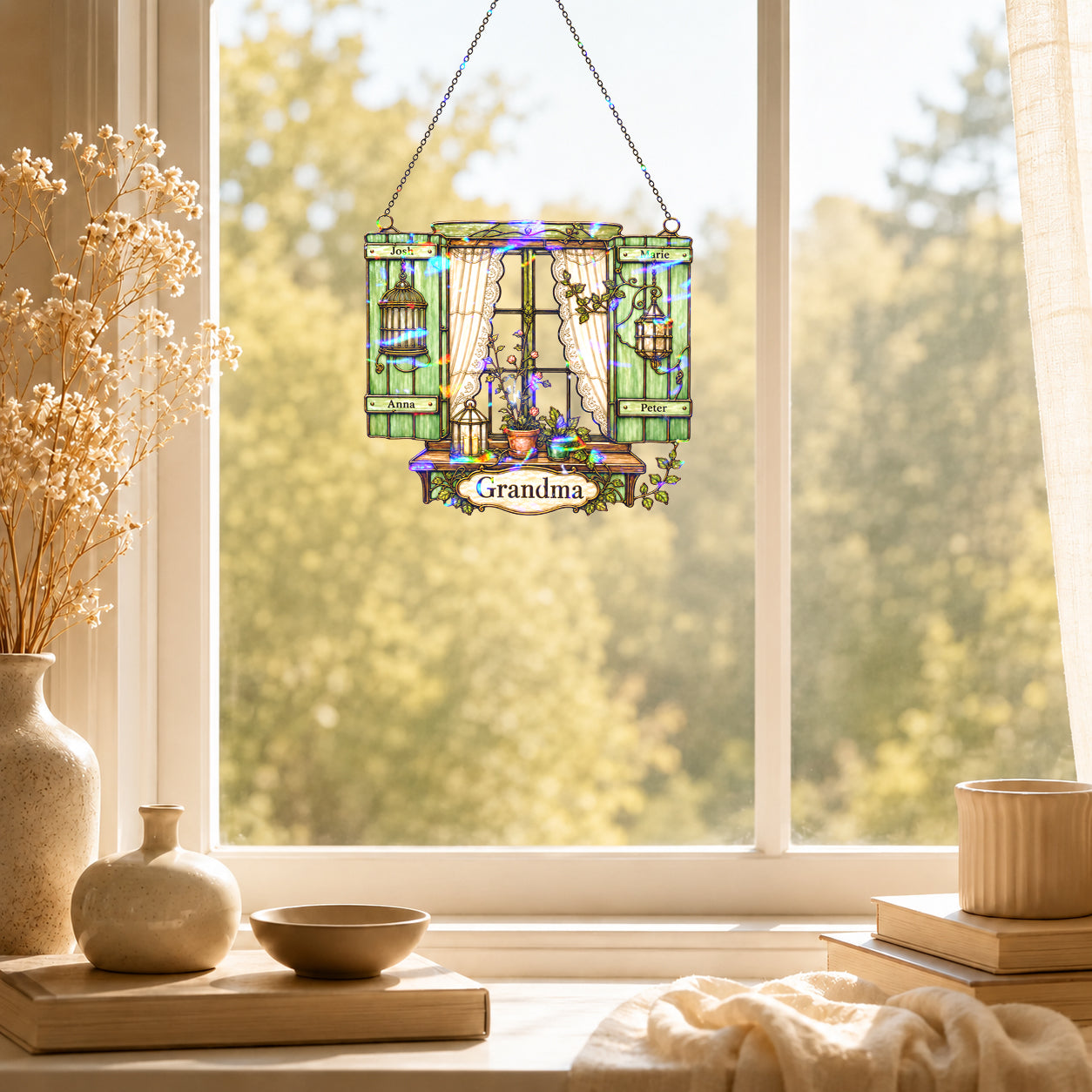 Personalized Grandma Cottage Window Holographic Acrylic Suncatcher