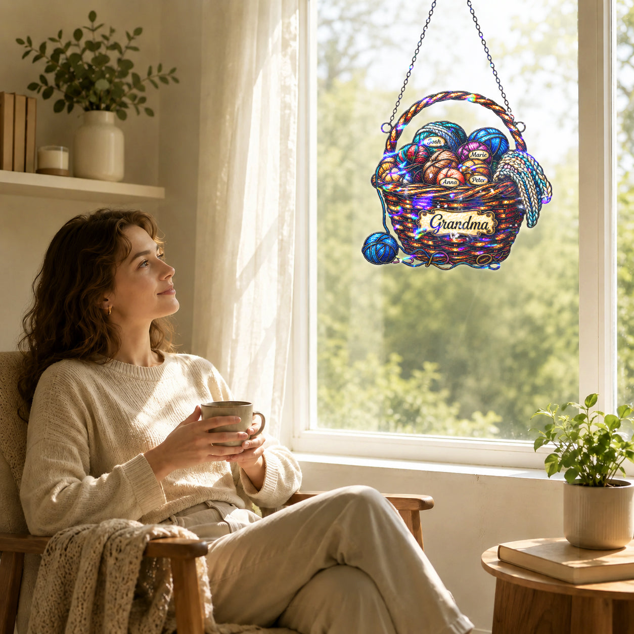 Personalized Grandma Yarn Basket Holographic Acrylic Suncatcher