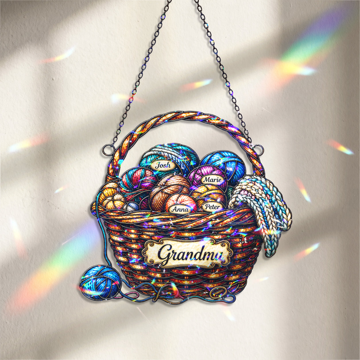 Personalized Grandma Yarn Basket Holographic Acrylic Suncatcher