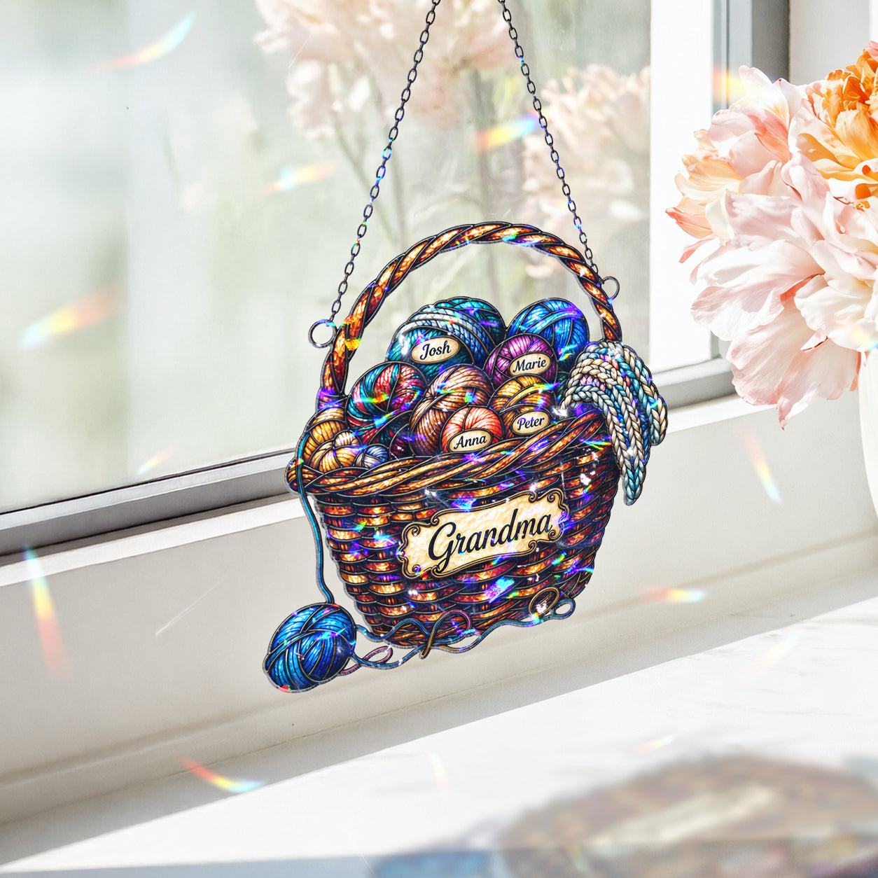 Personalized Grandma Yarn Basket Holographic Acrylic Suncatcher